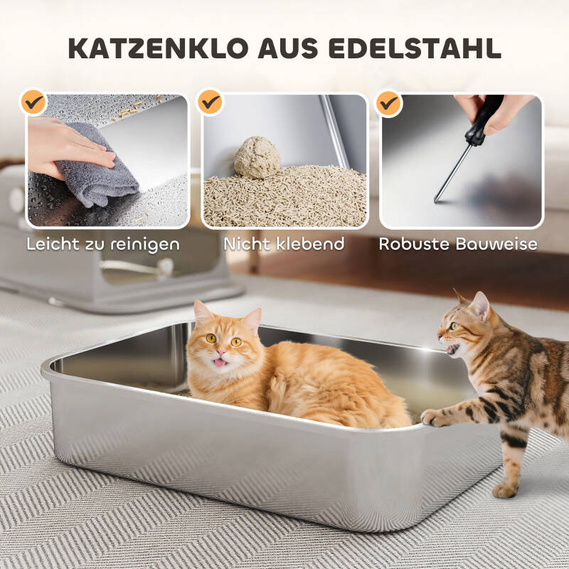 PawHut XXL Edelstahl-Katzentoilette mit Klappdeckel