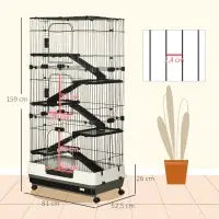 PawHut Kaninchenkäfig Gehege mit 5 Ebenen, 3 Türen, 5 Rampen, abnehmbares Tablett, Rollen, 81 x 52,5 x 159 cm, schwarz und grau