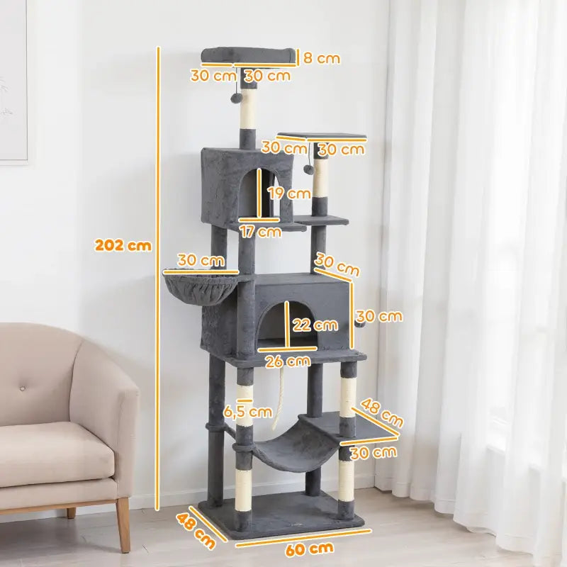 Kratzbaum für Katzen 202 cm hoch mit 6 Sisalstämmen