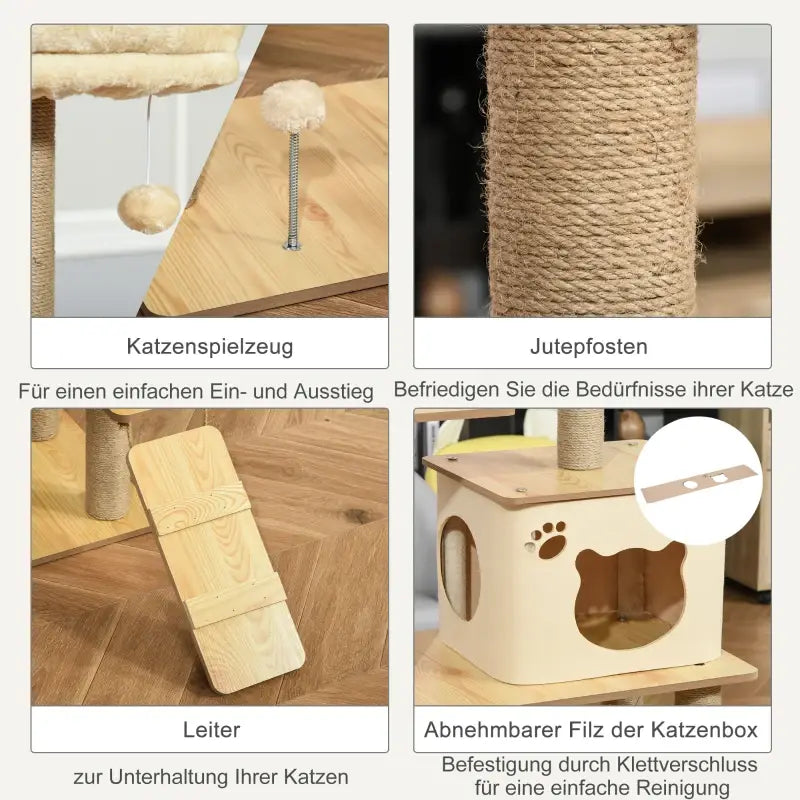 Kletterbaum aus Holz mit Katzenhöhle Jutestämmen großer Plattform