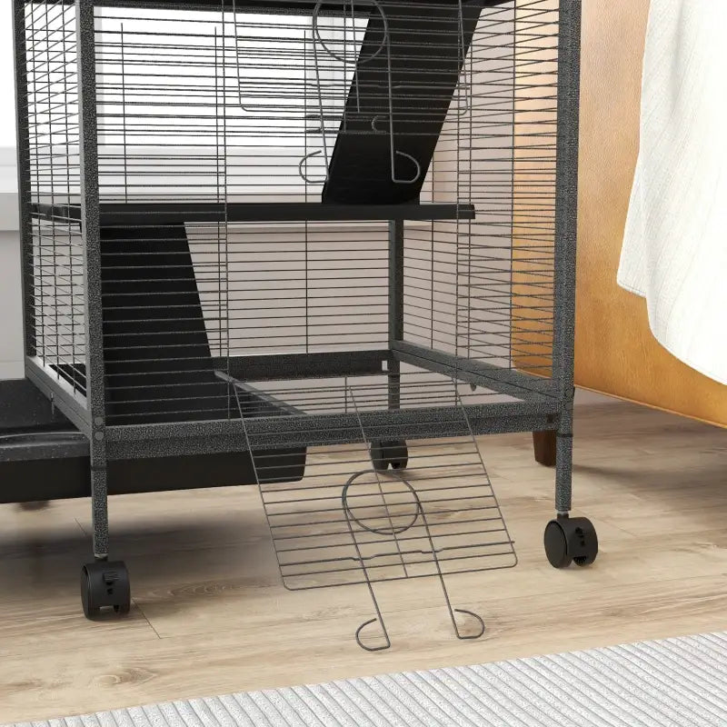 PawHut Kleintierkäfig für Meerschweinchen und Chinchillas aus Stahl mit 3 Etagen, Rädern und herausnehmbarem Tablett, Anthrazit