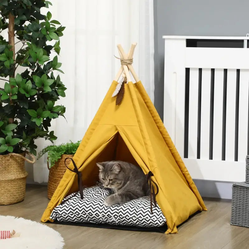 PawHut Tierbett, drolliges Tipi-Design — Gelb