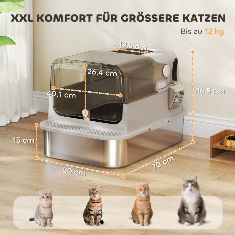 PawHut XXL Edelstahl-Katzentoilette mit Klappdeckel