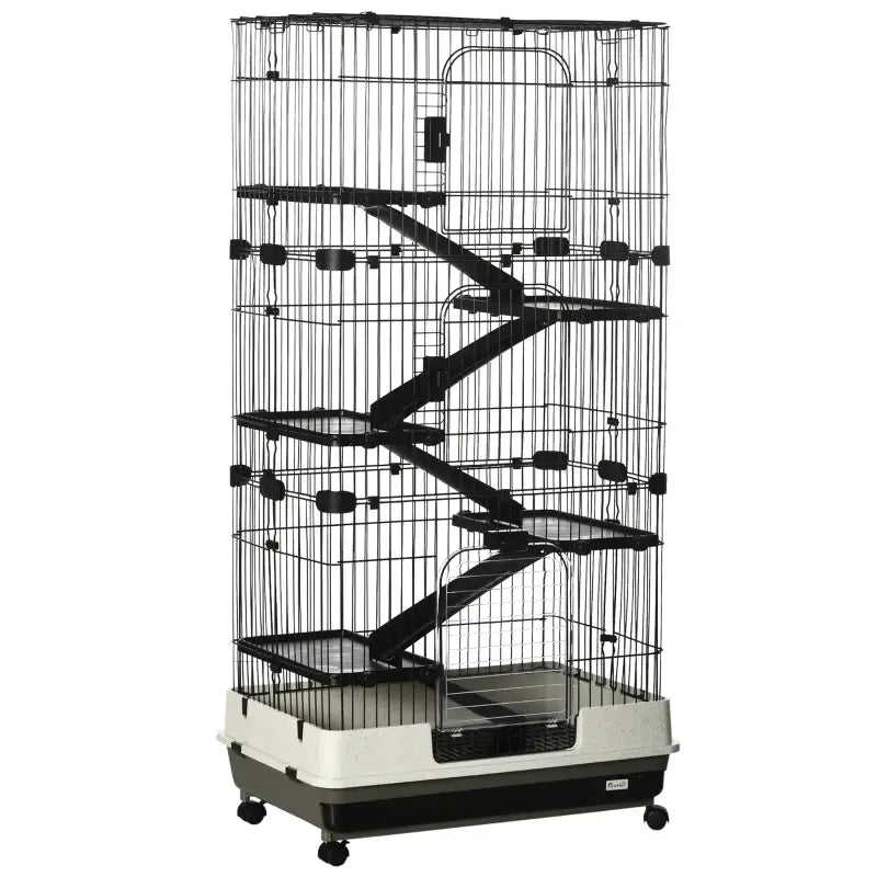 PawHut Kaninchenkäfig Gehege mit 5 Ebenen, 3 Türen, 5 Rampen, abnehmbares Tablett, Rollen, 81 x 52,5 x 159 cm, schwarz und grau