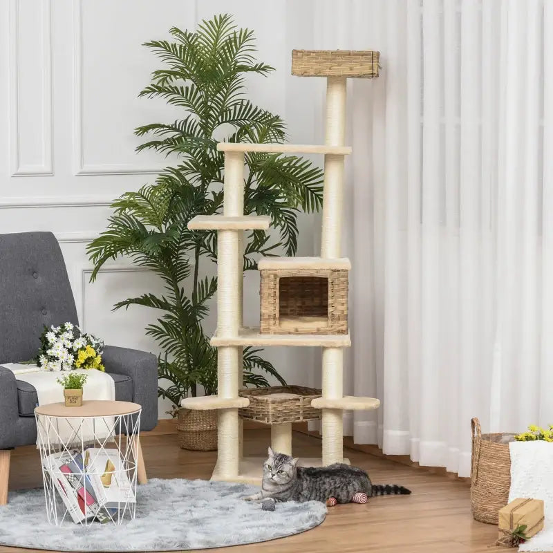 PawHut Rattan Kratzbaum mit Katzenhöhle
